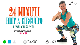 allenamento HIIT con 2 giri di circuito a tempi crescenti, esercizi ad alto stimolo muscolare e cardiovascolare