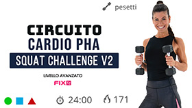 allenamento cardio PHA Squat Challenge V2 a difficoltà crescente, con esercizi per la parte superiore alternati a varianti squat