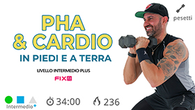 allenamento cardio PHA total body con esercizi in piedi, a terra con pesetti e cardio